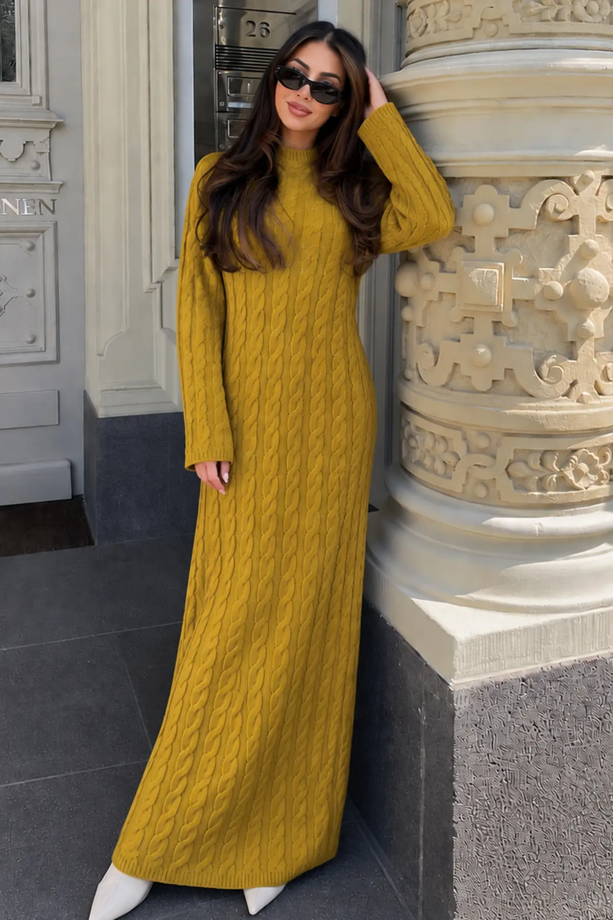Cable-knit Patterned Dress K3031 Olive Green-detail