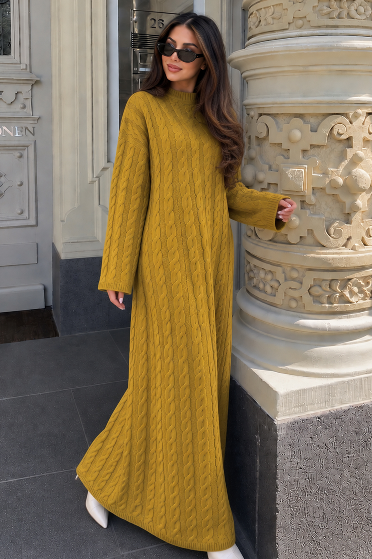 Cable-knit Patterned Dress K3031 Olive Green