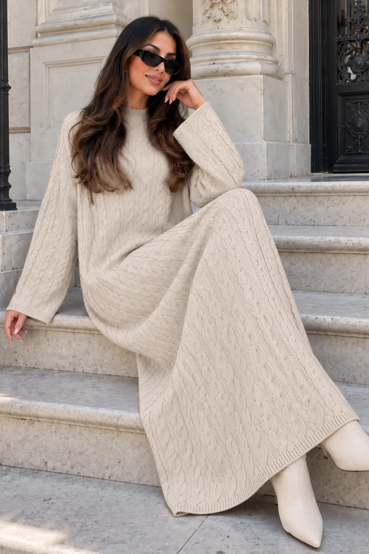 Cable-knit Patterned Dress K3031 Stone-detail