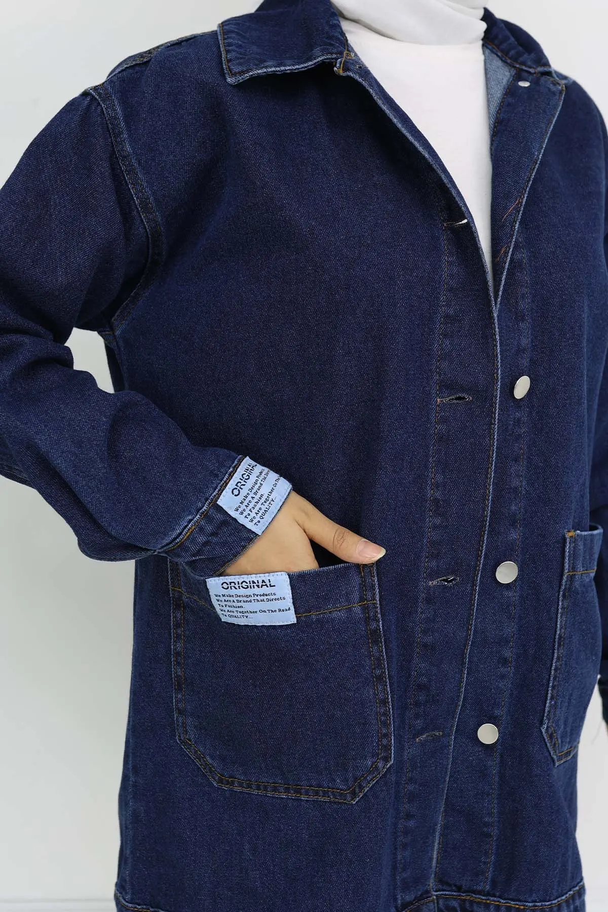 Cep Detaylı Tesettür Kot Ceket Lacivert 702-detail