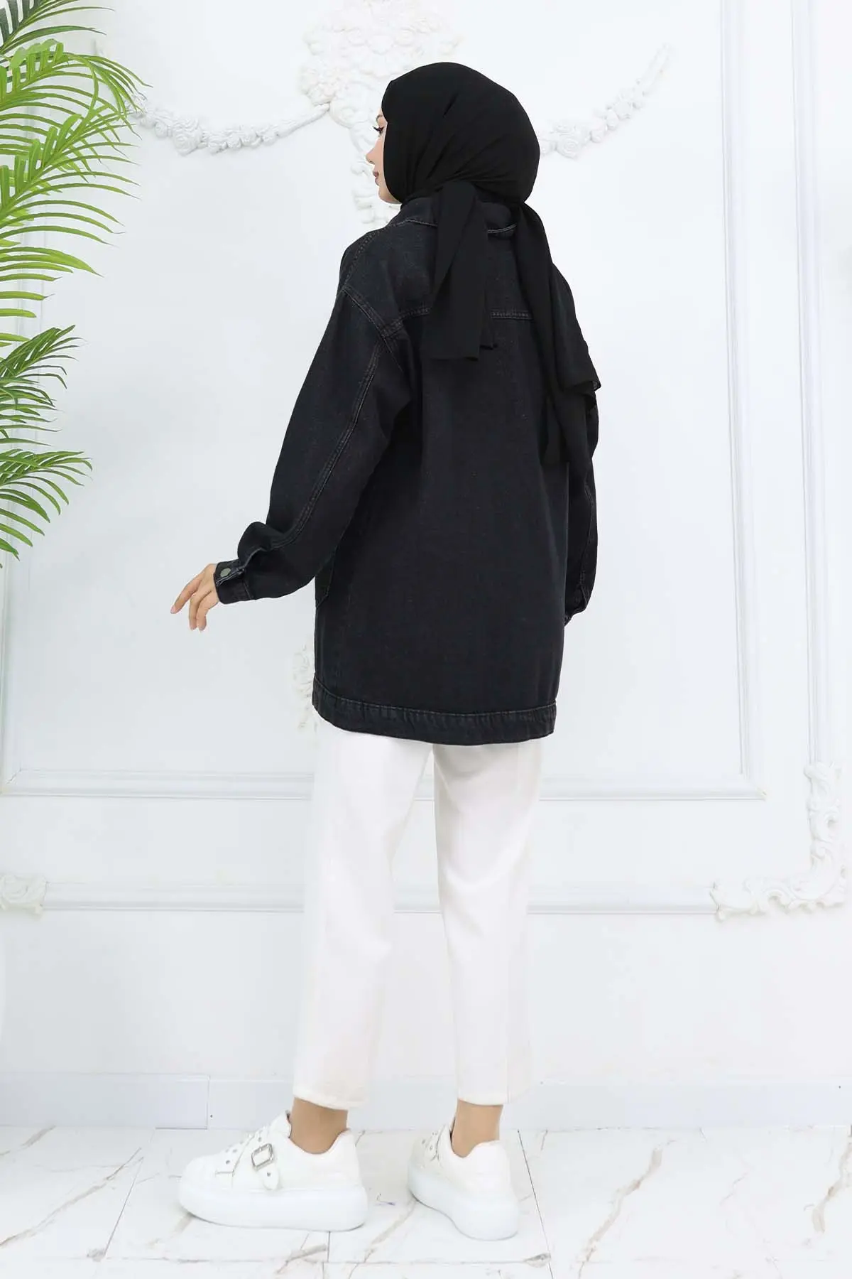 Cep Detaylı Tesettür Kot Ceket Siyah 702-detail