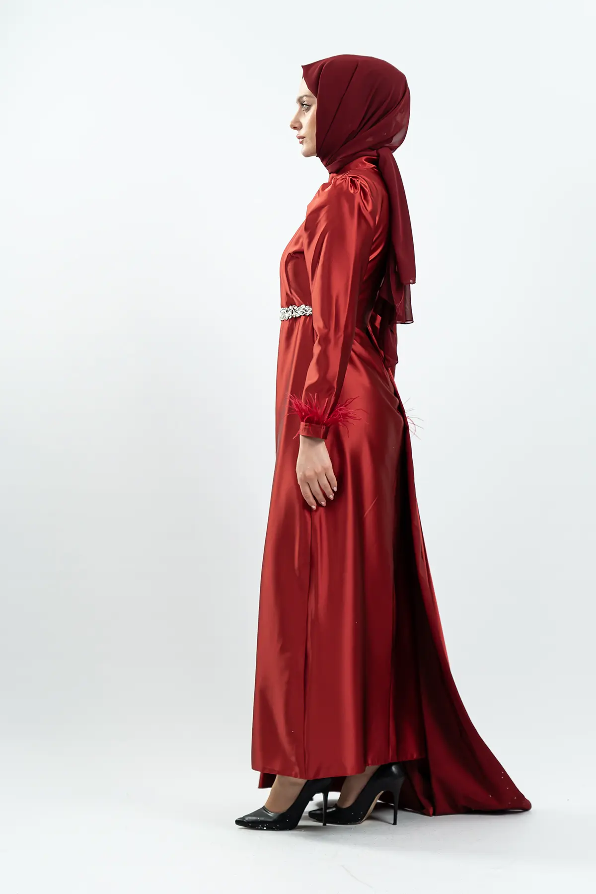 Claret Red Color Satin Evening Dress-detail