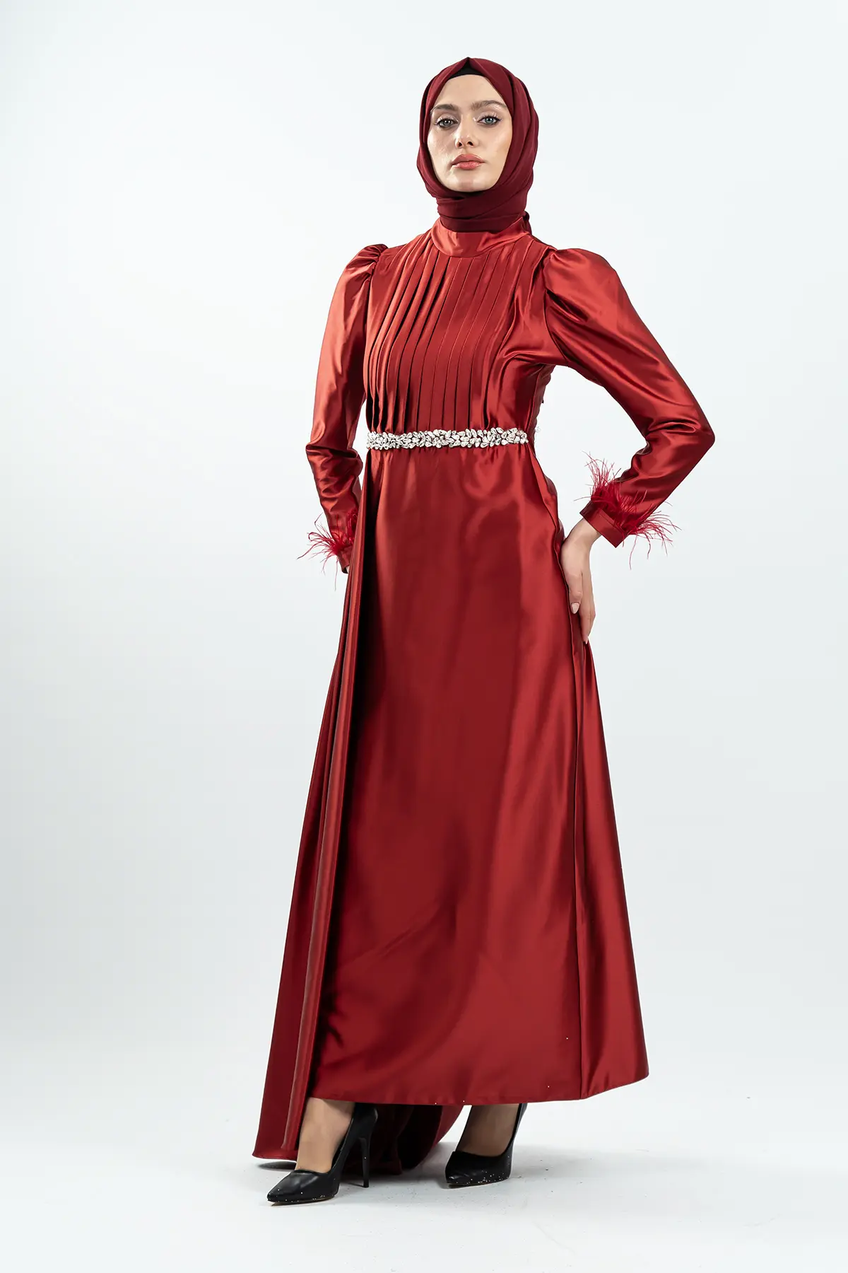 Claret Red Color Satin Evening Dress-detail