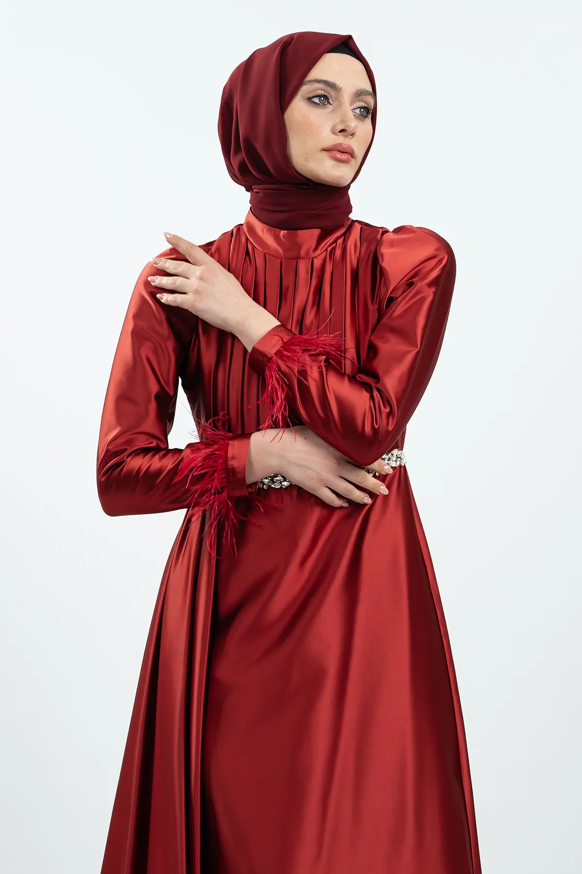 Claret Red Color Satin Evening Dress-detail