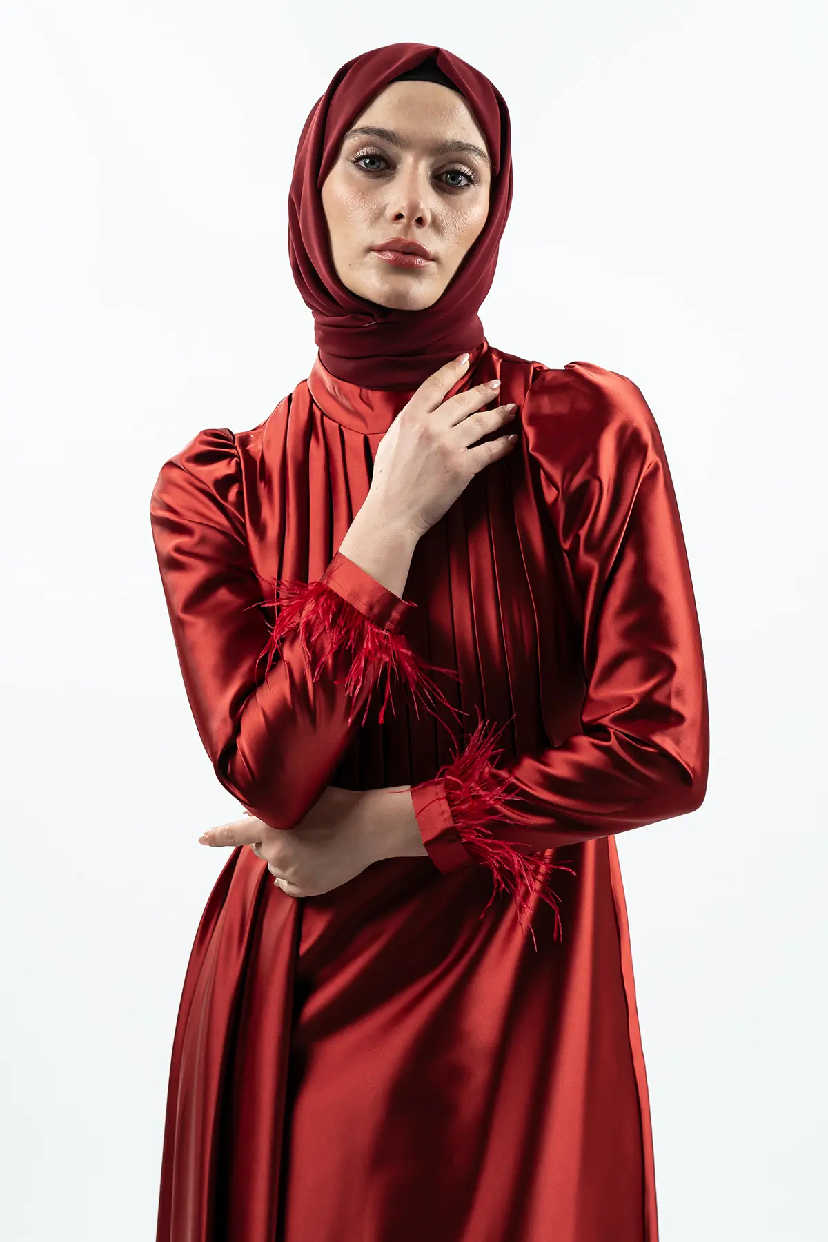 Claret Red Color Satin Evening Dress-detail