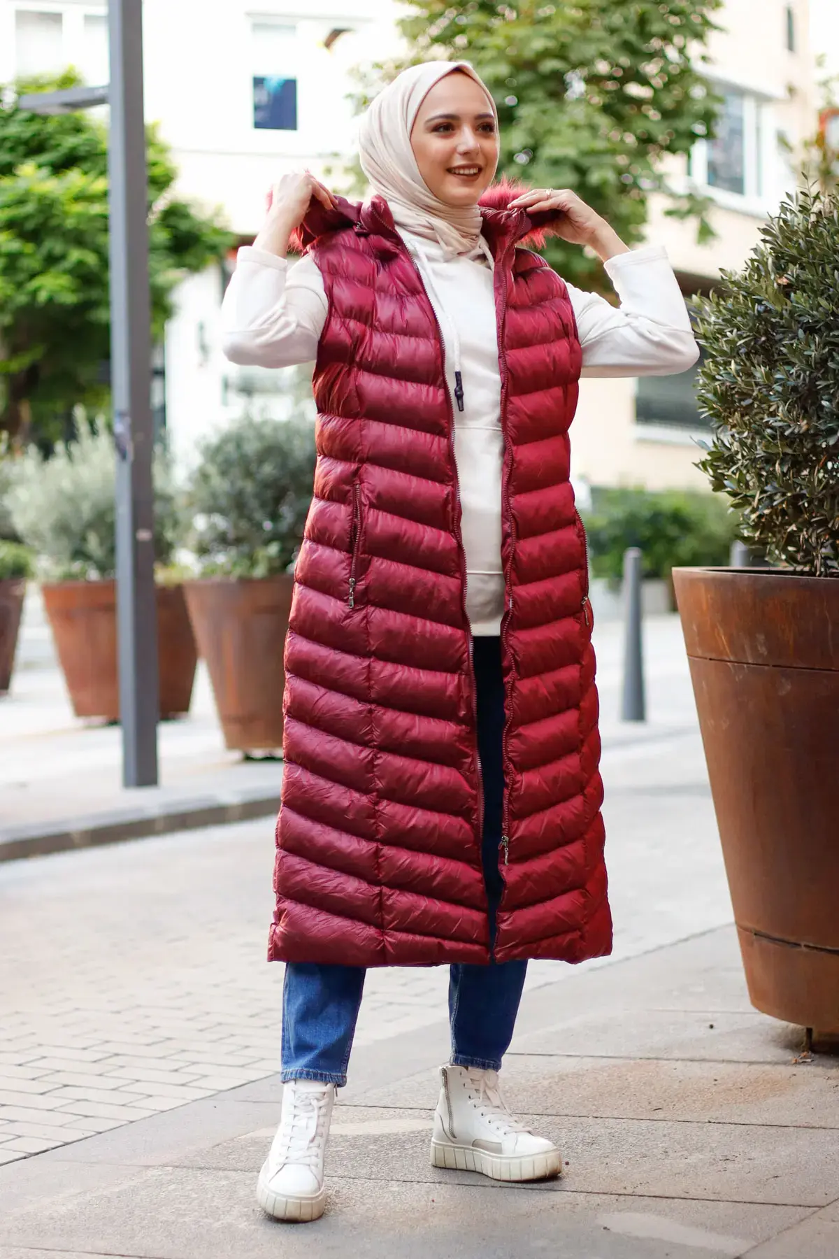 Claret Red Long Collar Fur Filled Vest