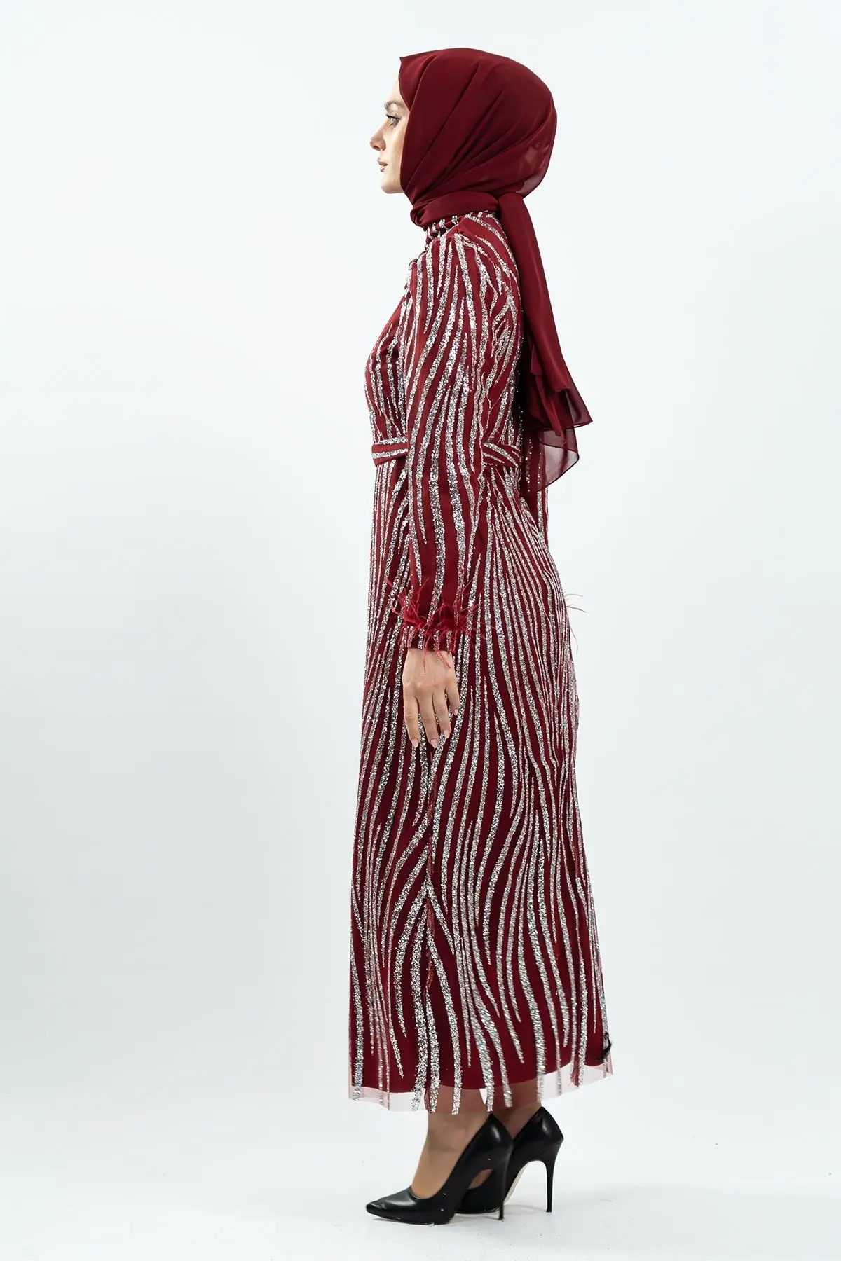 Claret Red Silvery Evening Dress-detail