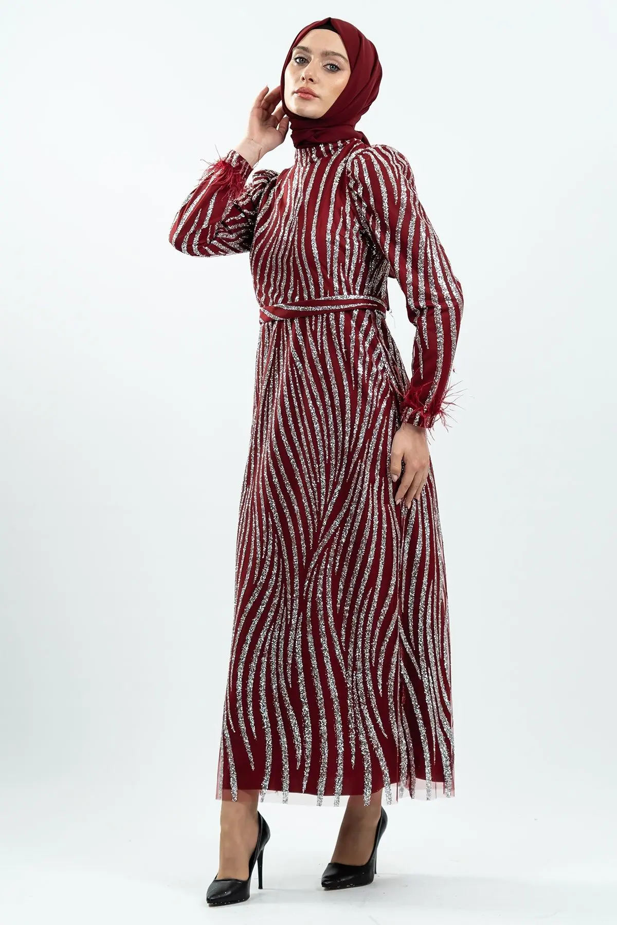 Claret Red Silvery Evening Dress-detail