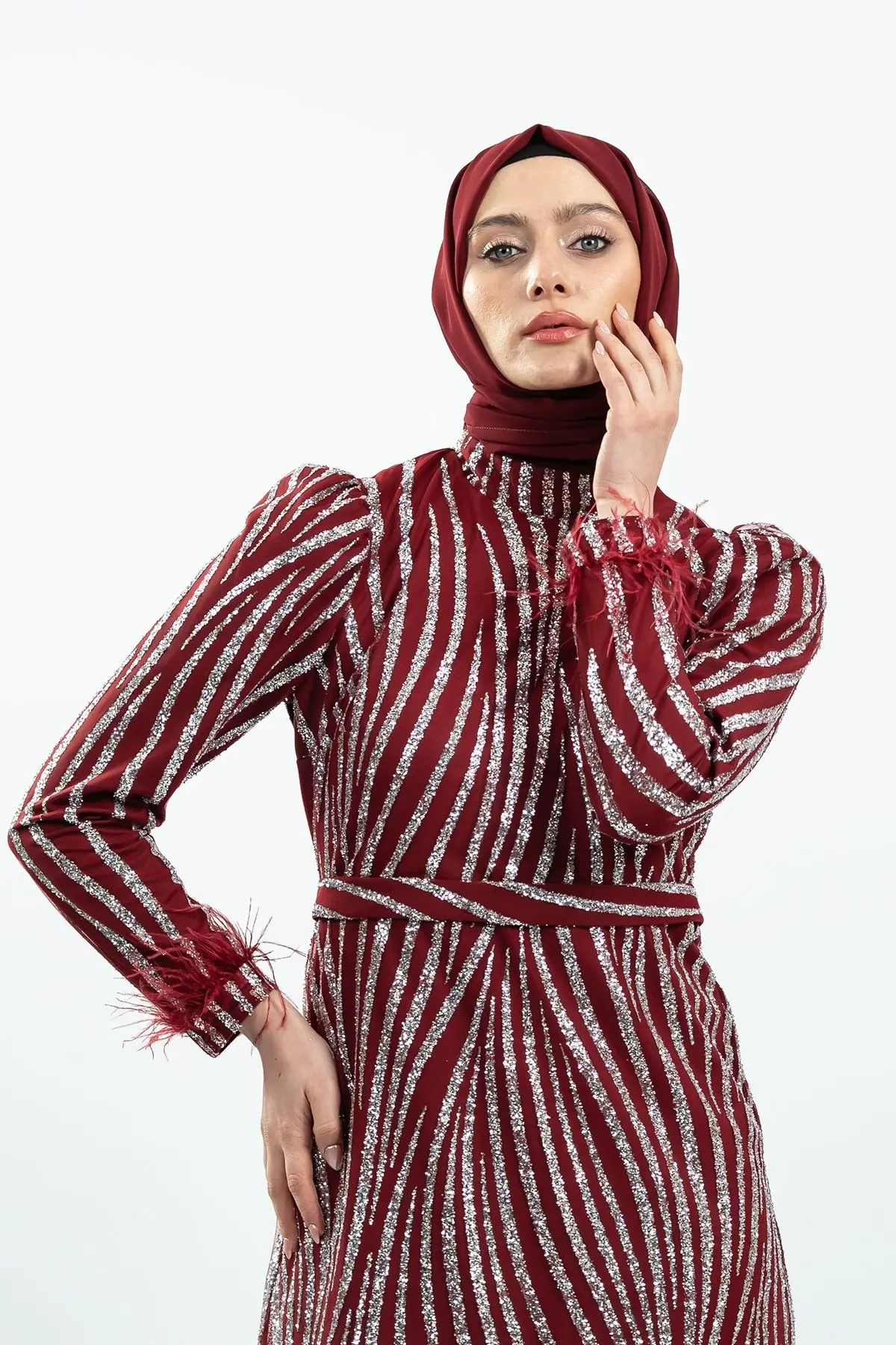 Claret Red Silvery Evening Dress-detail