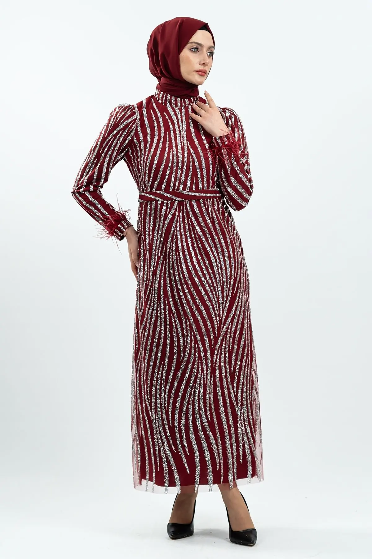 Claret Red Silvery Evening Dress-detail