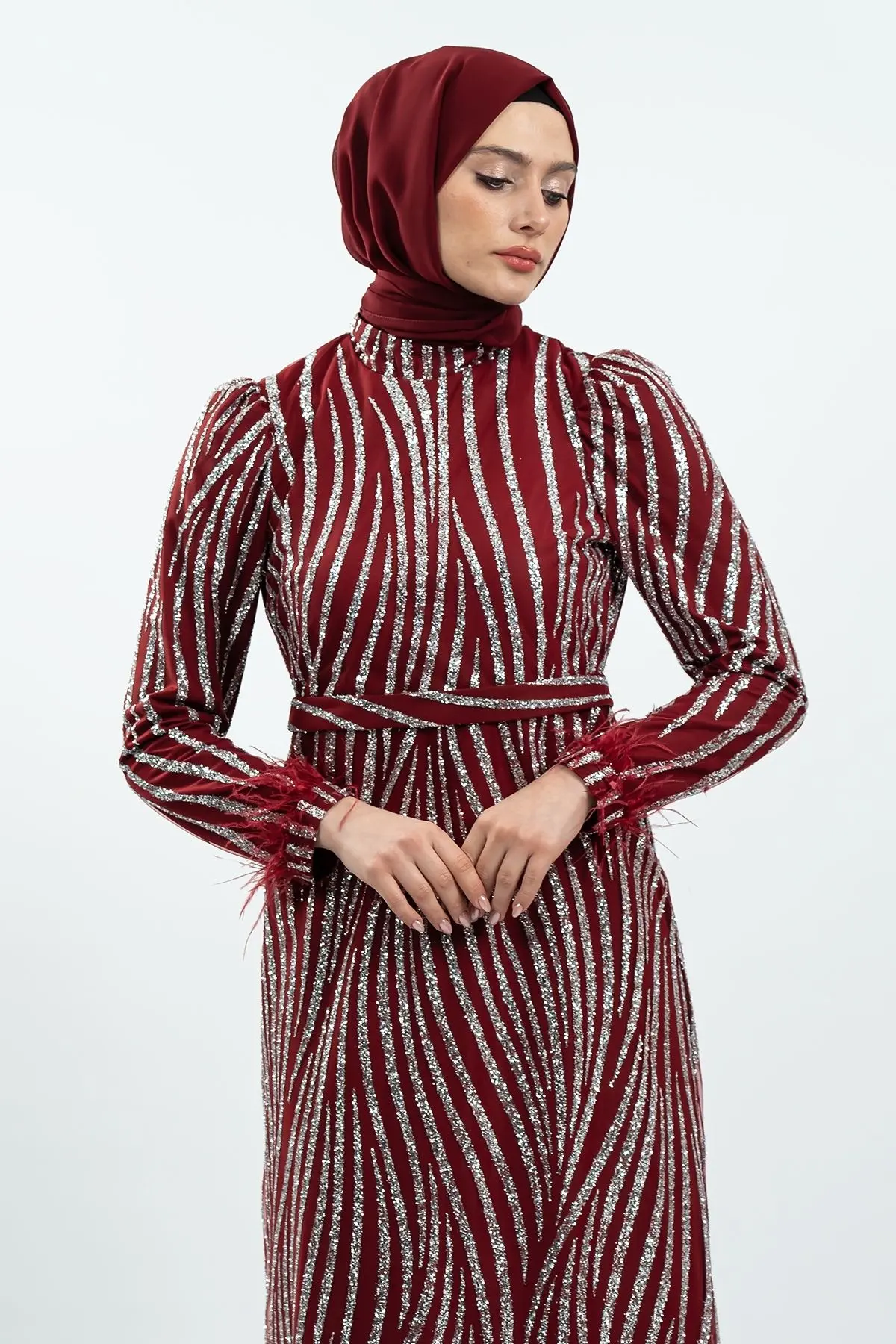 Claret Red Silvery Evening Dress-detail