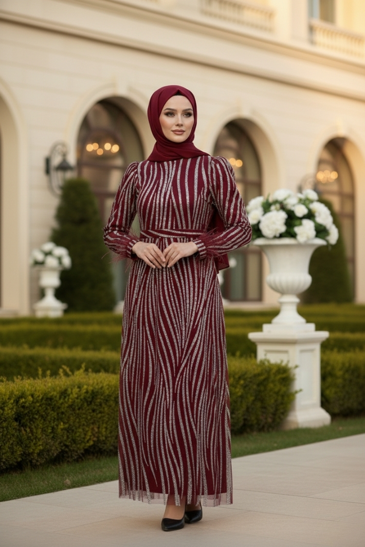 Claret Red Silvery Evening Dress