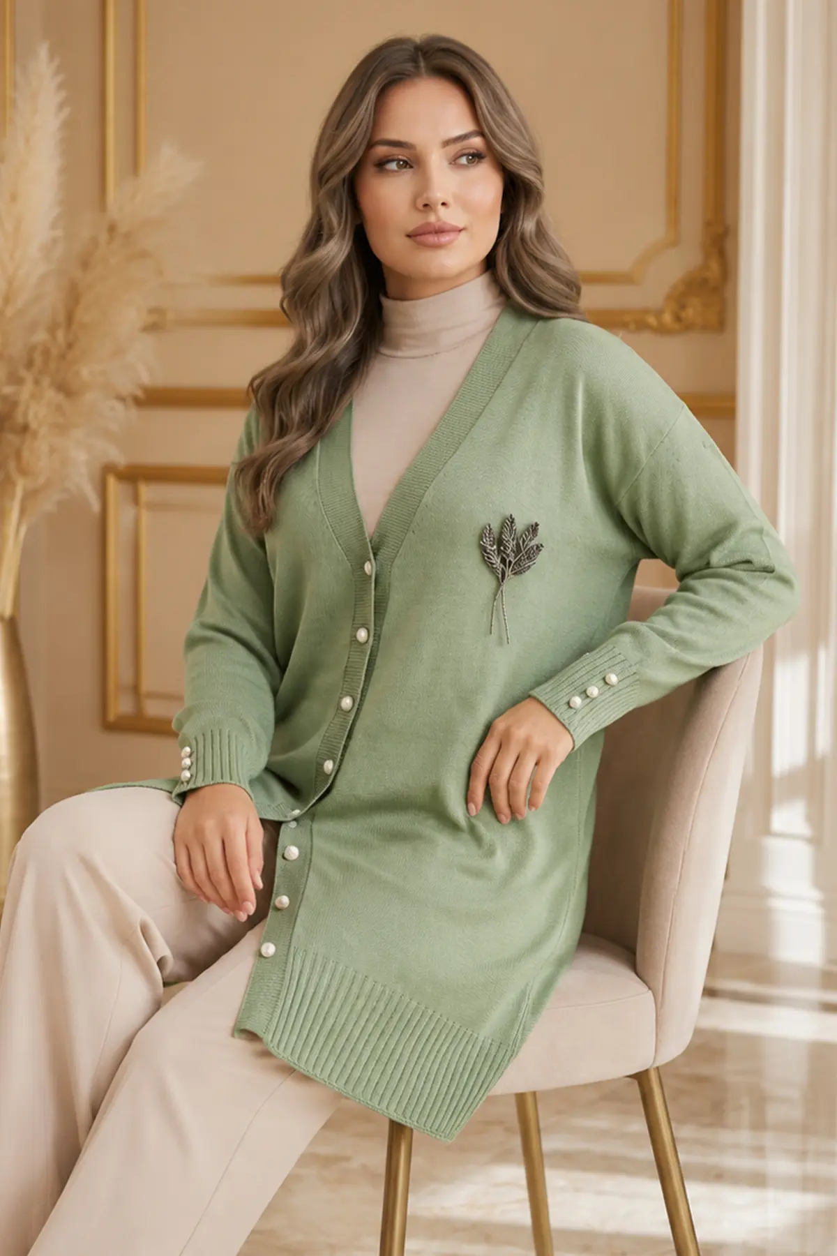 Collar-detail Long Mercerized Knit Cardigan N3260 Almond Green-detail