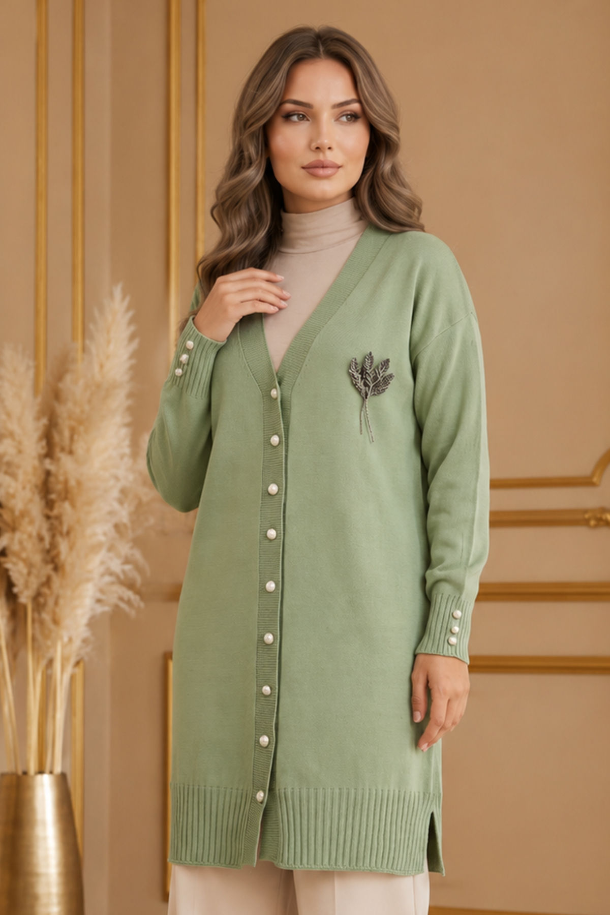 Collar-detail Long Mercerized Knit Cardigan N3260 Almond Green