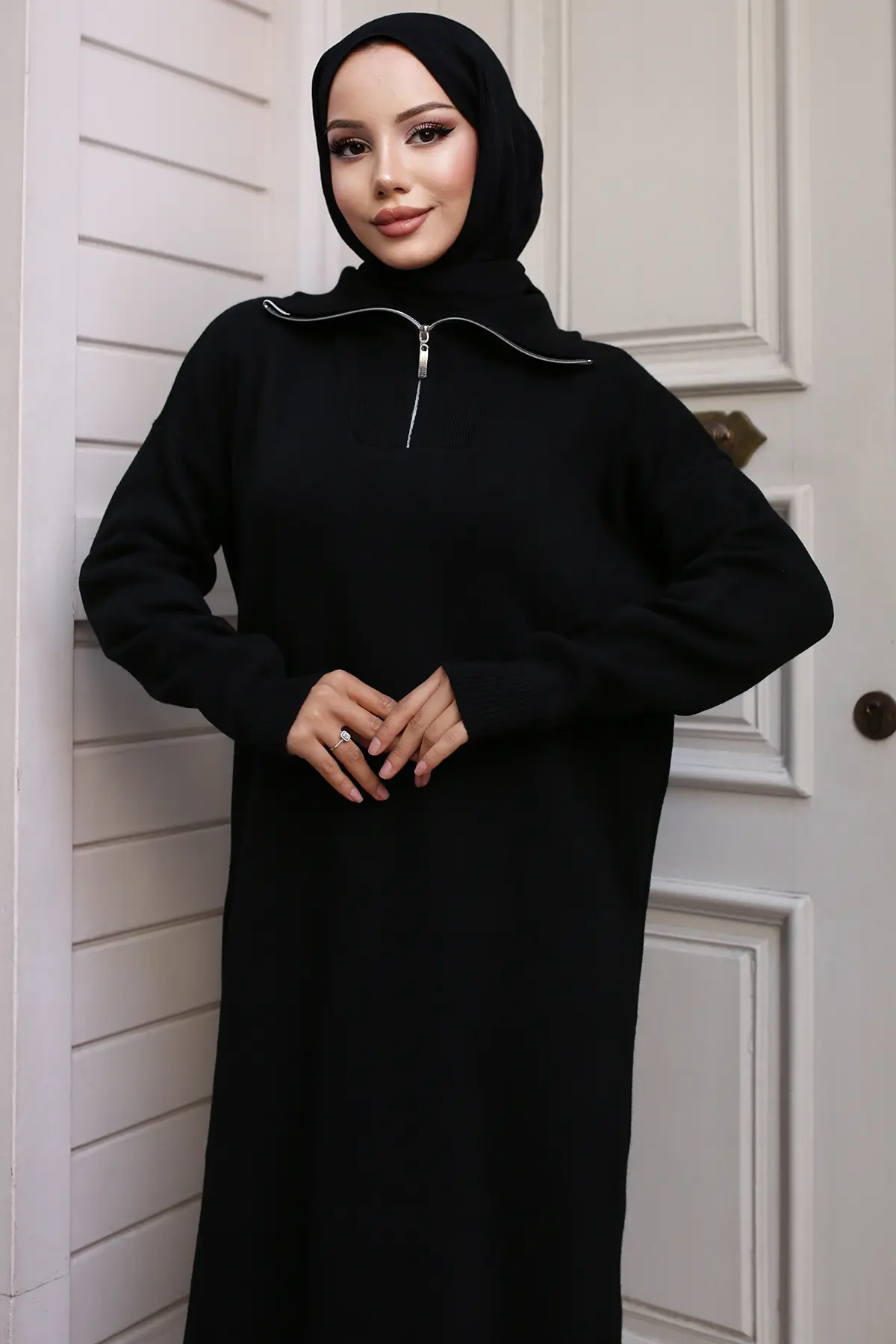 Collar Zippered Sweater Dress-detail