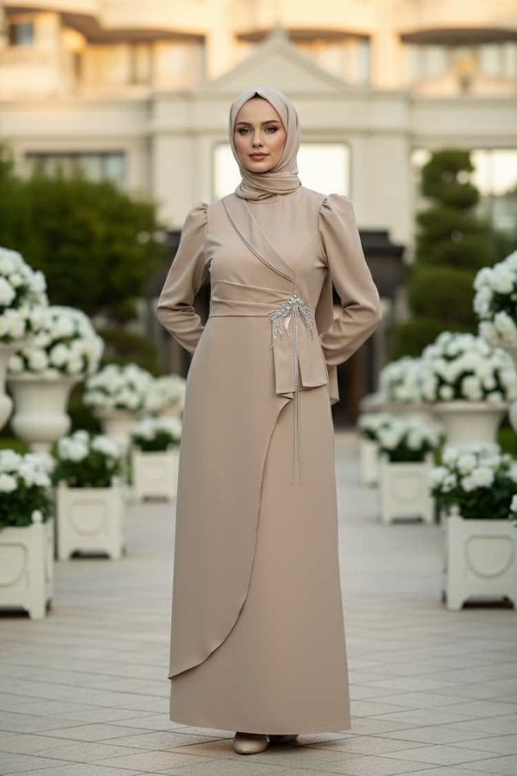 Cream Stone Detailed Evening Dress