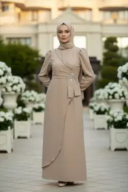 Cream Stone Detailed Evening Dress