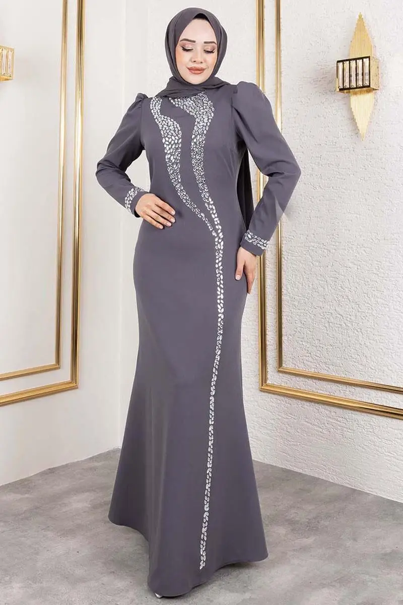 Crepe Evening Dress With Stone Detail On Sleeves And Front-detail