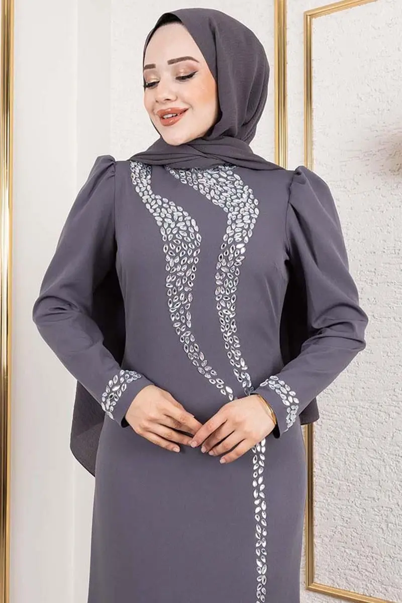 Crepe Evening Dress With Stone Detail On Sleeves And Front-detail