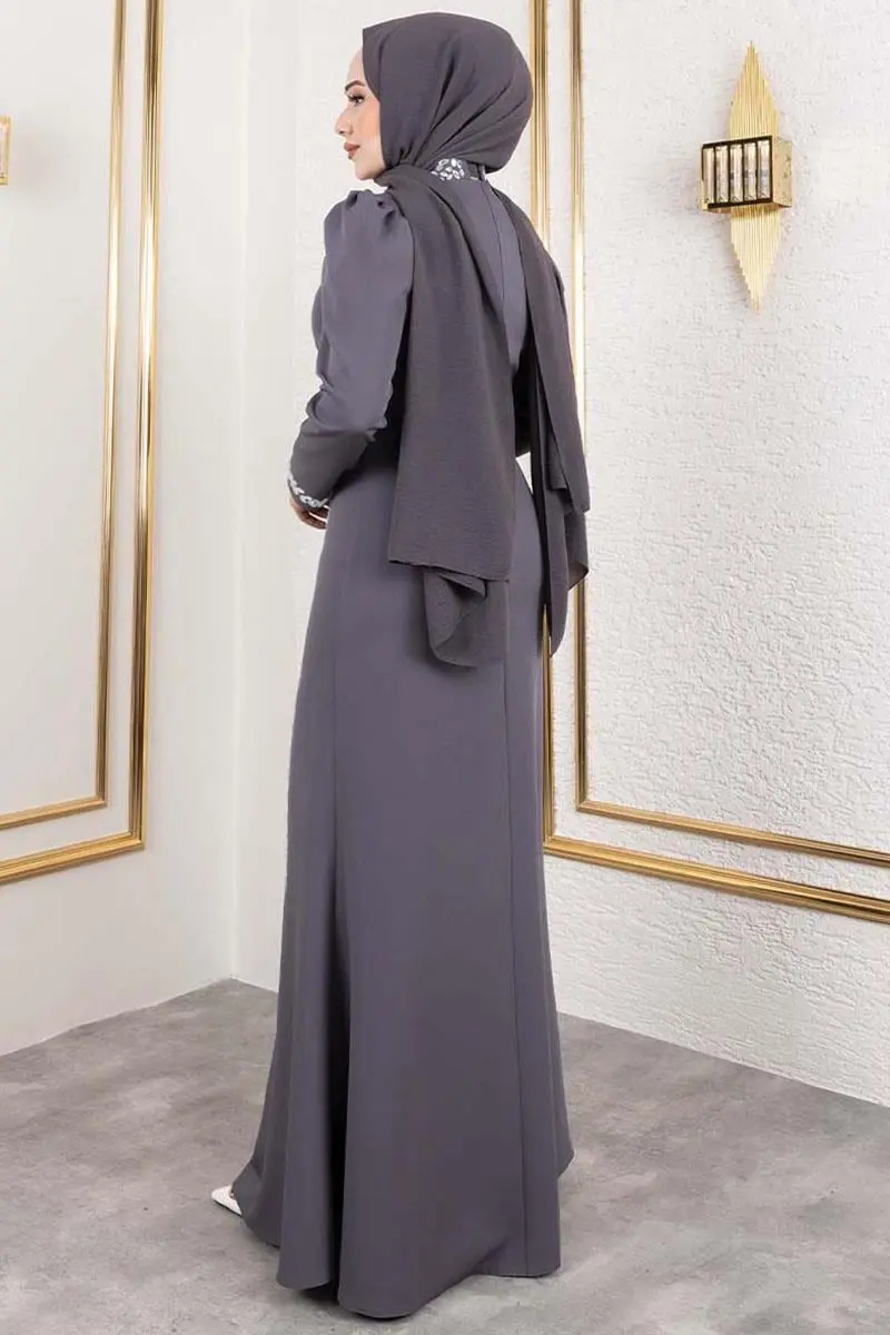 Crepe Evening Dress With Stone Detail On Sleeves And Front-detail