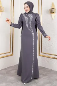 Crepe Evening Dress With Stone Detail On Sleeves And Front