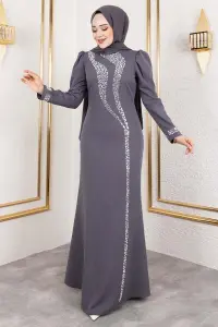 Crepe Evening Dress With Stone Detail On Sleeves And Front