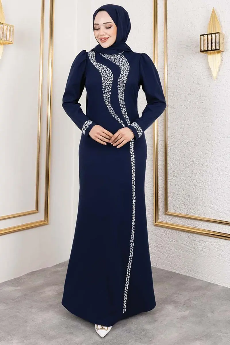 Crepe Evening Dress With Stone Detail On Sleeves And Front-detail