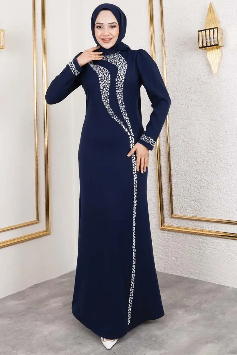 Crepe Evening Dress With Stone Detail On Sleeves And Front-detail