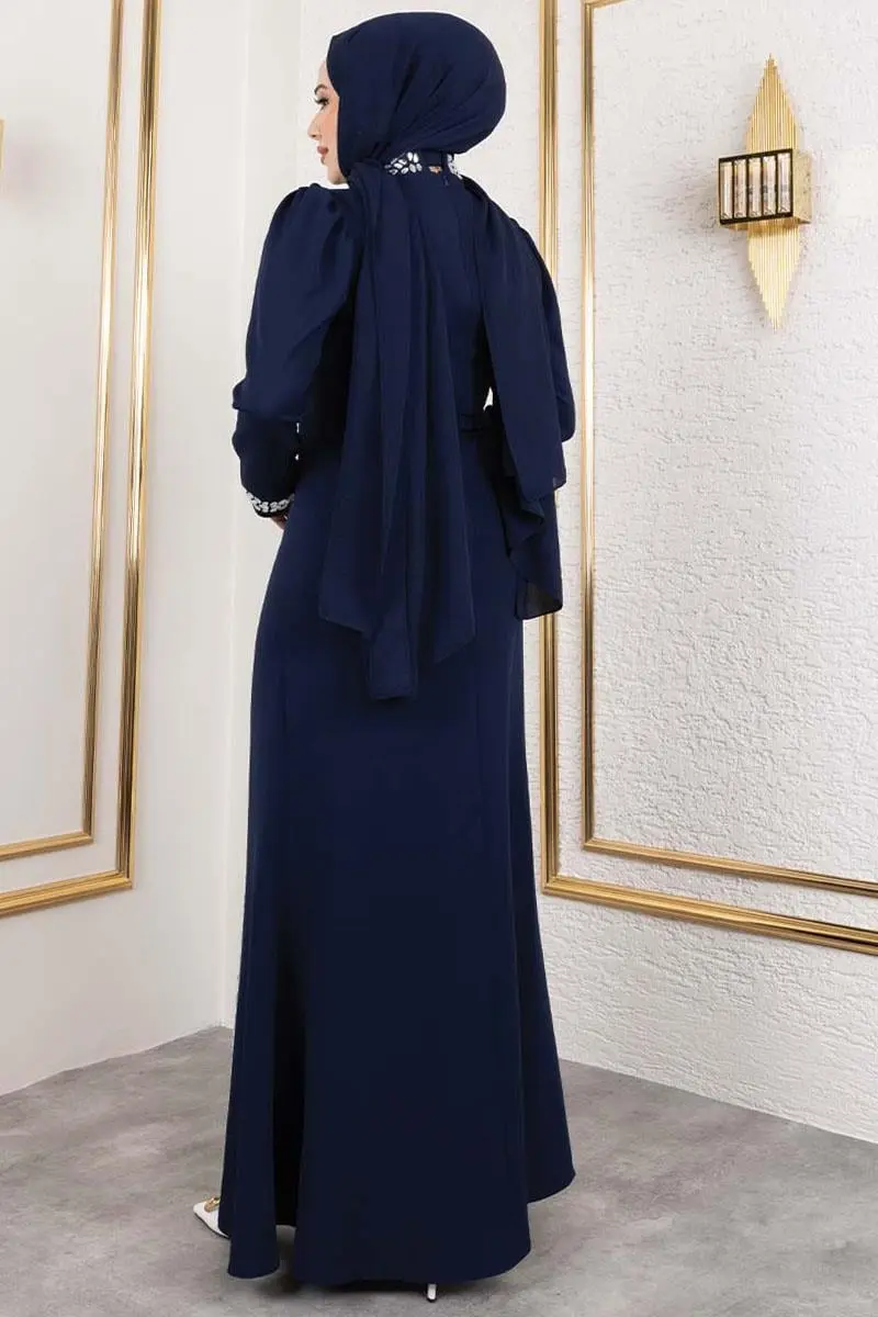 Crepe Evening Dress With Stone Detail On Sleeves And Front-detail