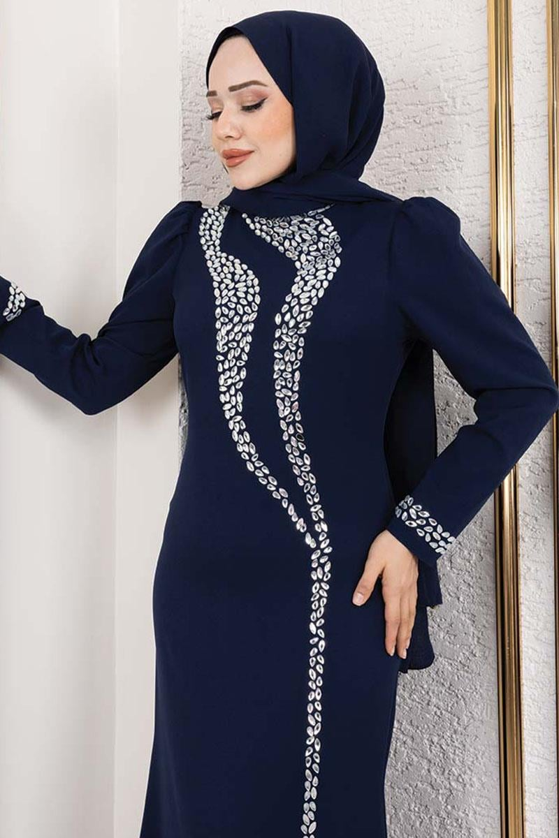 Crepe Evening Dress With Stone Detail On Sleeves And Front