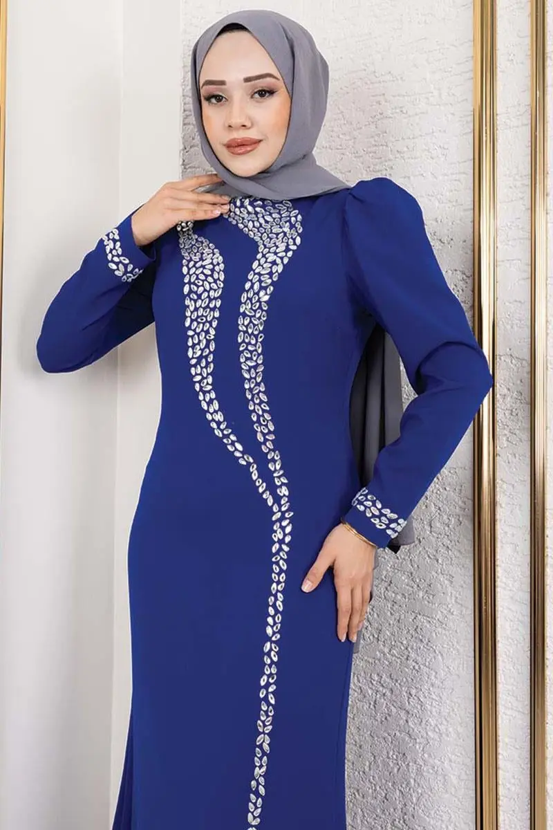 Crepe Evening Dress With Stone Detail On Sleeves And Front-detail