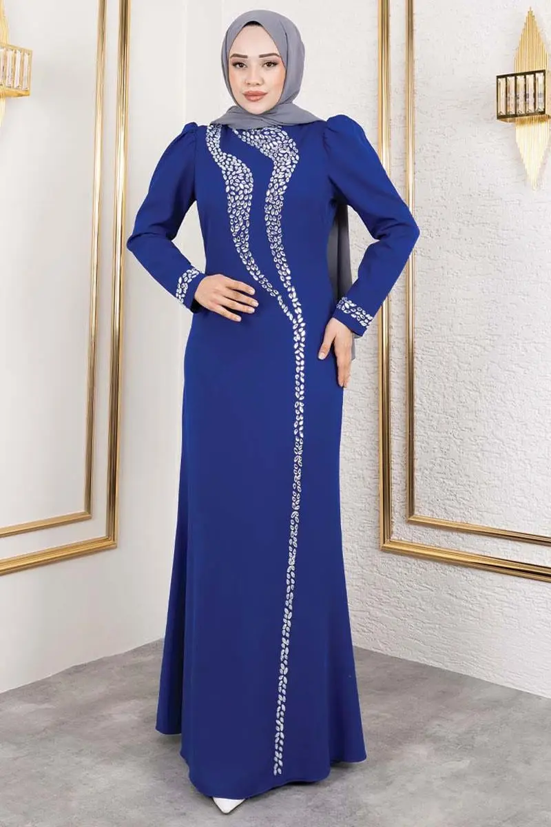 Crepe Evening Dress With Stone Detail On Sleeves And Front-detail