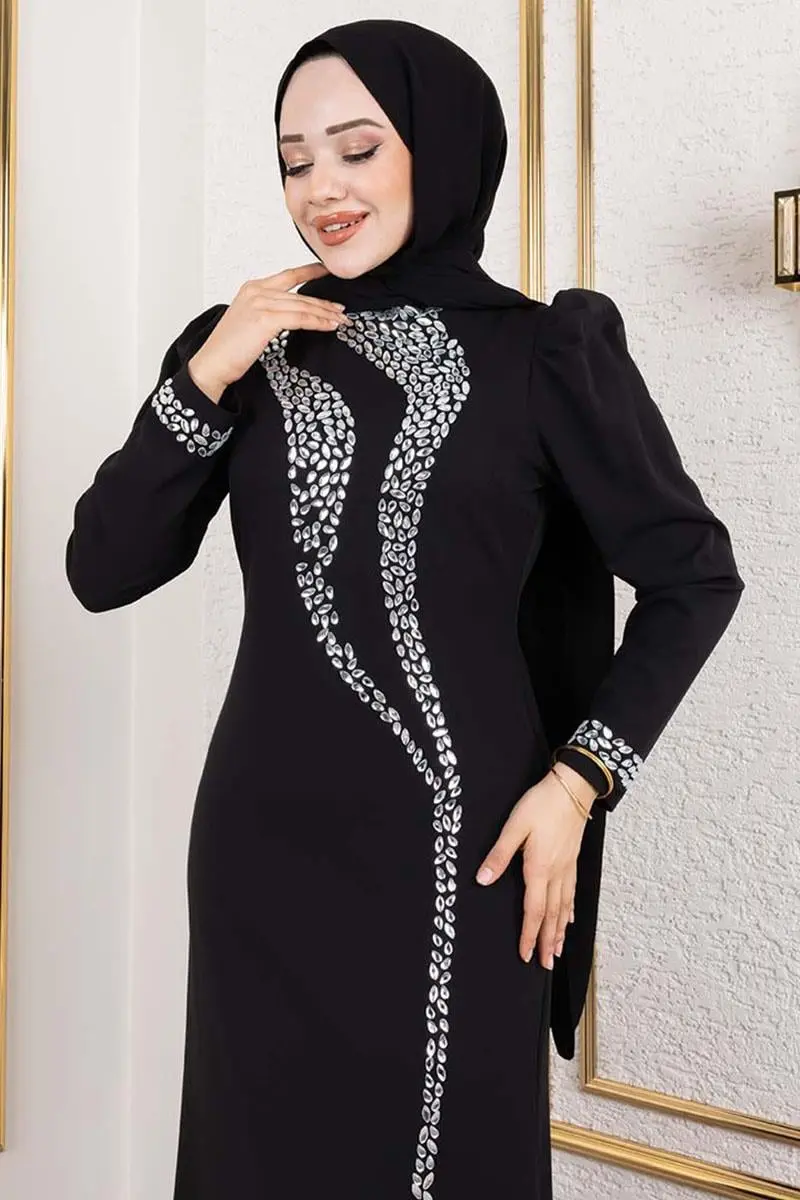 Crepe Evening Dress With Stone Detail On Sleeves And Front-detail