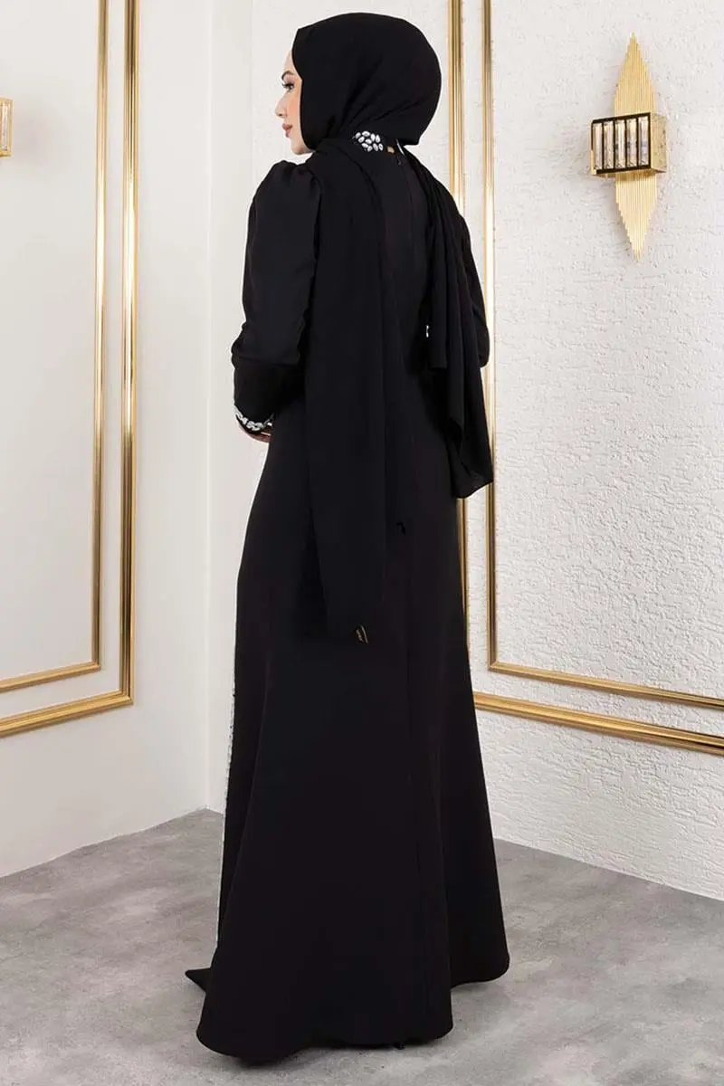 Crepe Evening Dress With Stone Detail On Sleeves And Front-detail