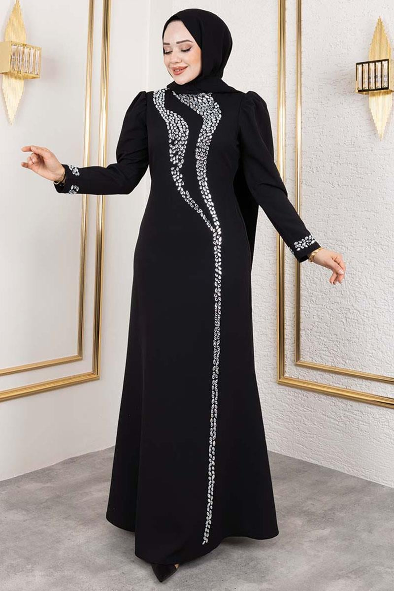 Crepe Evening Dress With Stone Detail On Sleeves And Front