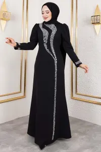 Crepe Evening Dress With Stone Detail On Sleeves And Front