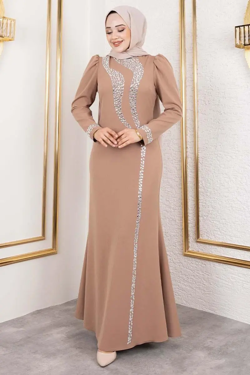 Crepe Evening Dress With Stone Detail On Sleeves And Front-detail