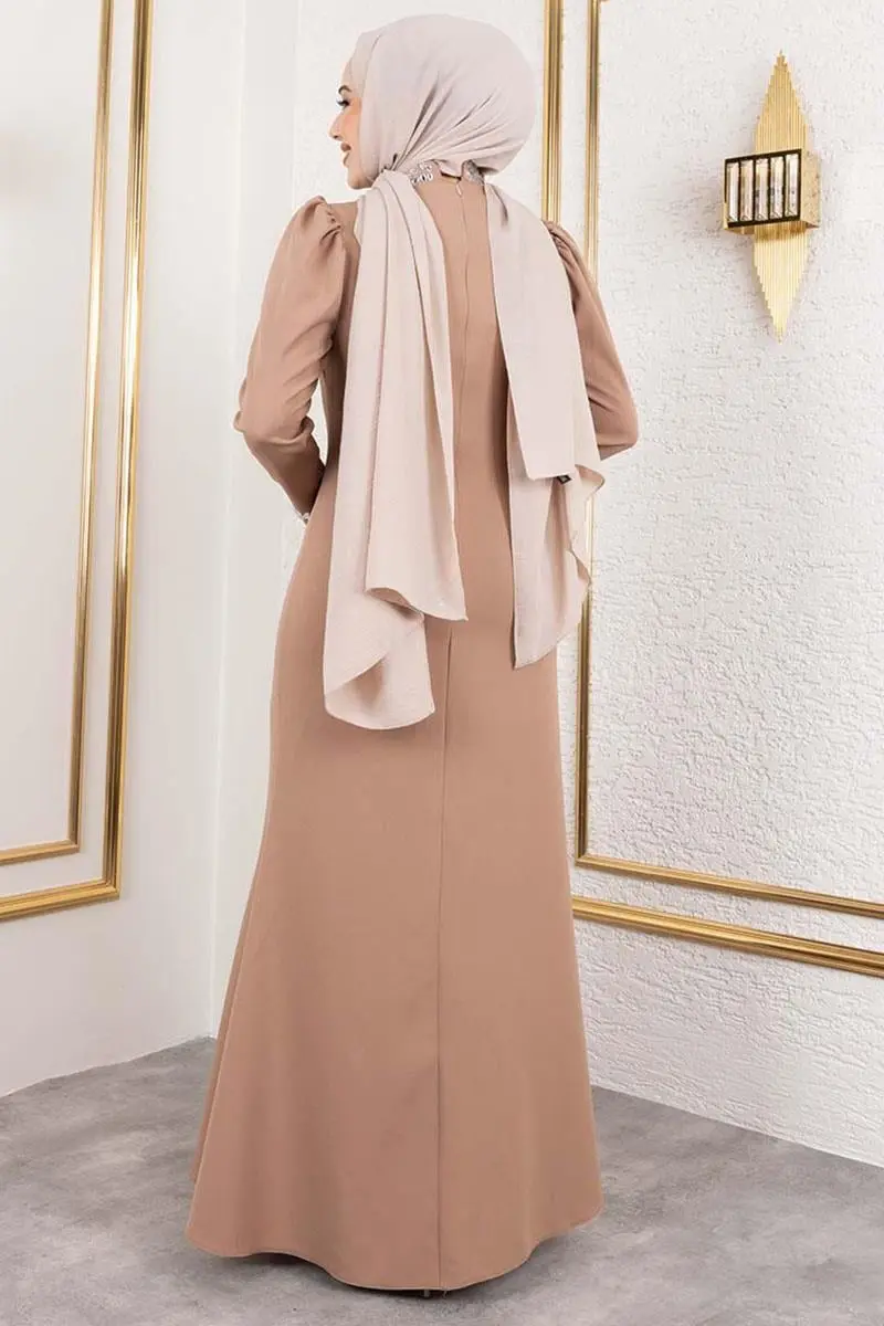 Crepe Evening Dress With Stone Detail On Sleeves And Front-detail