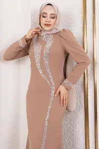 Crepe Evening Dress With Stone Detail On Sleeves And Front