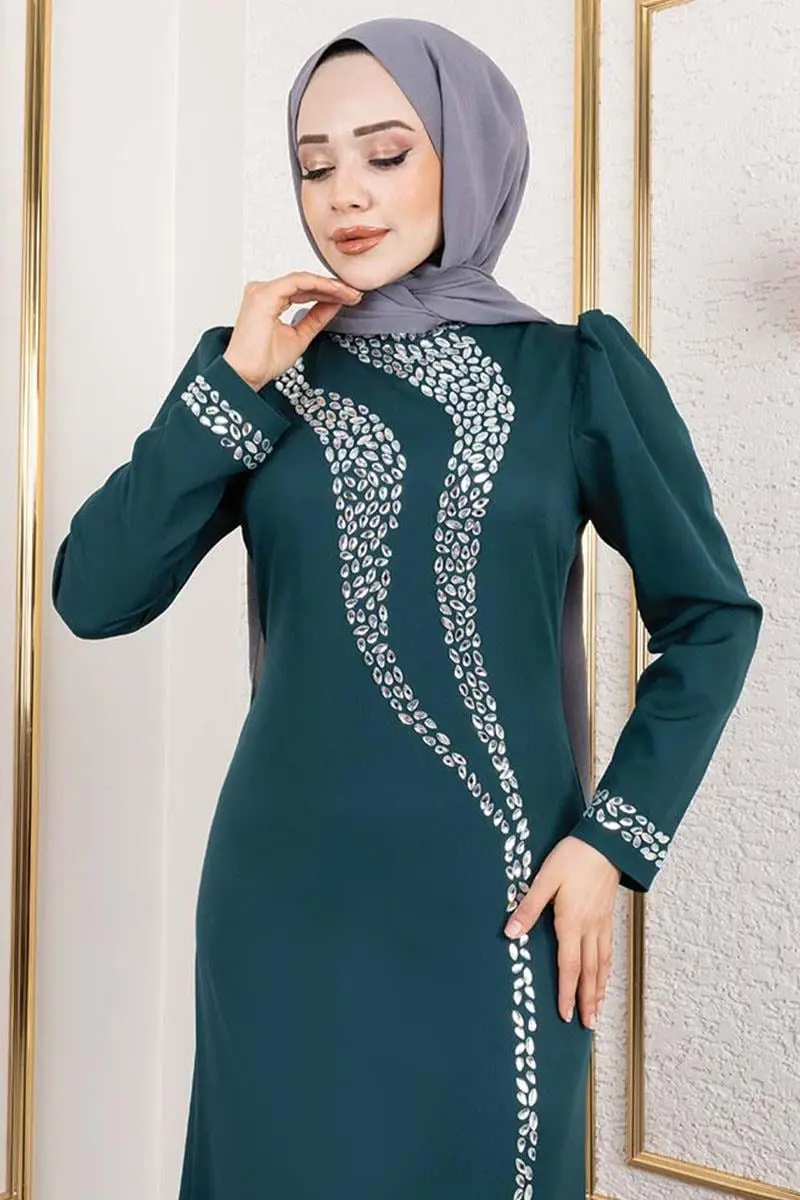 Crepe Evening Dress With Stone Detail On Sleeves And Front-detail