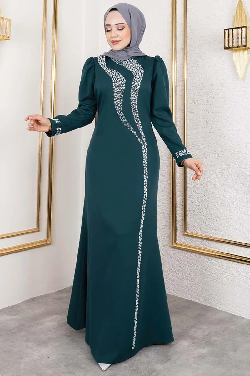 Crepe Evening Dress With Stone Detail On Sleeves And Front-detail