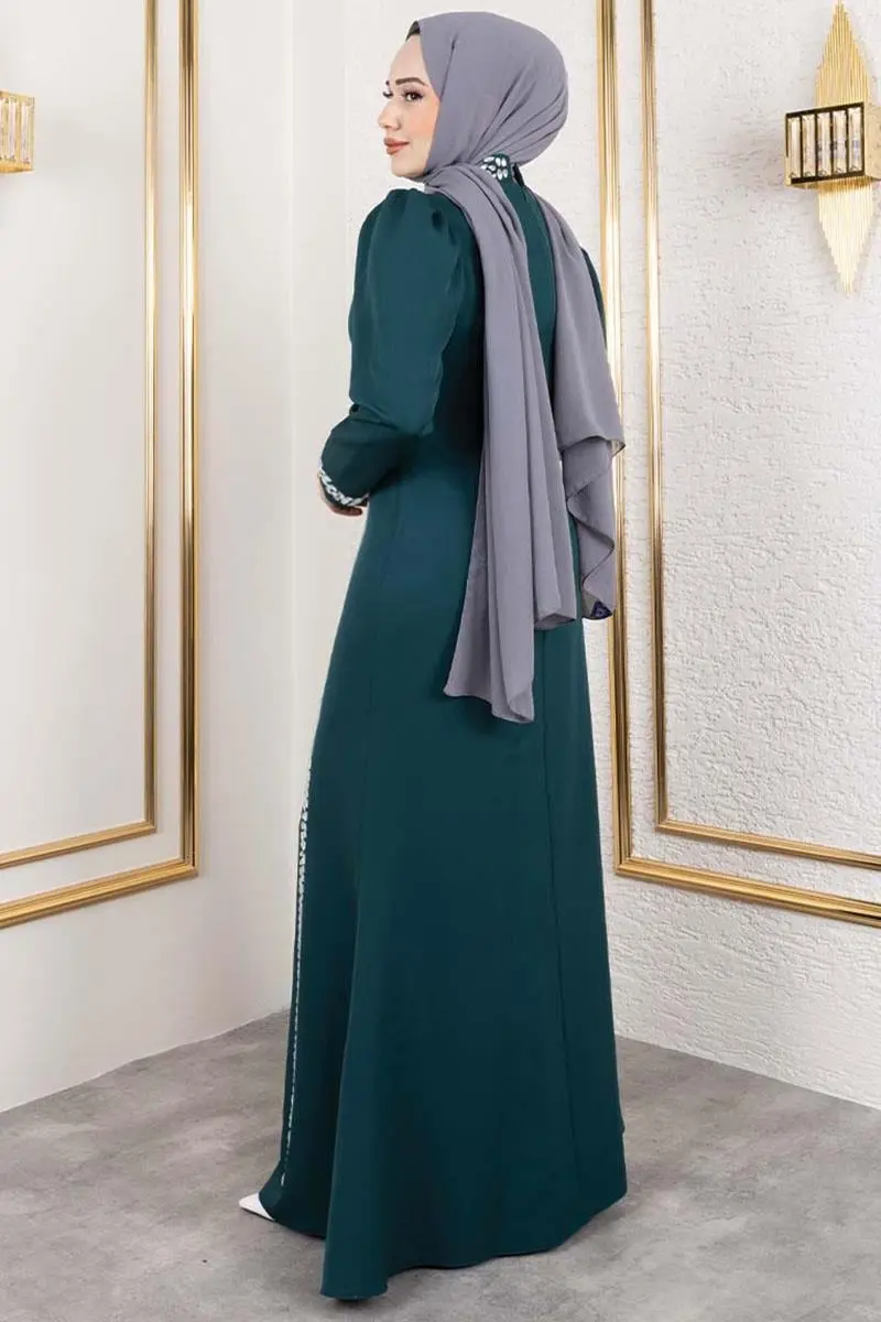 Crepe Evening Dress With Stone Detail On Sleeves And Front-detail