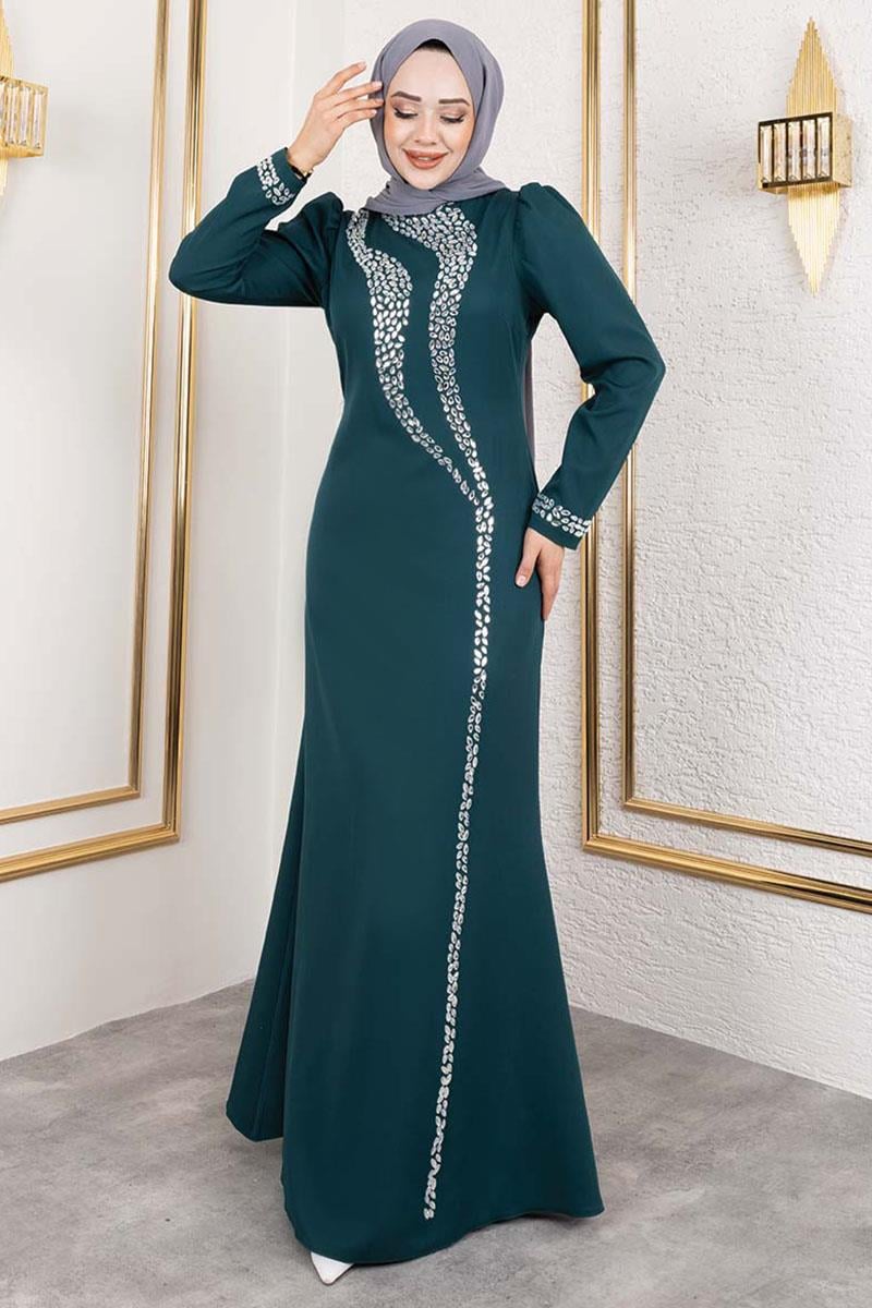 Crepe Evening Dress With Stone Detail On Sleeves And Front