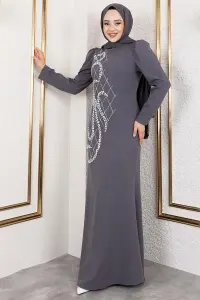 Crepe Evening Dress With Stone Embroidery On The Front