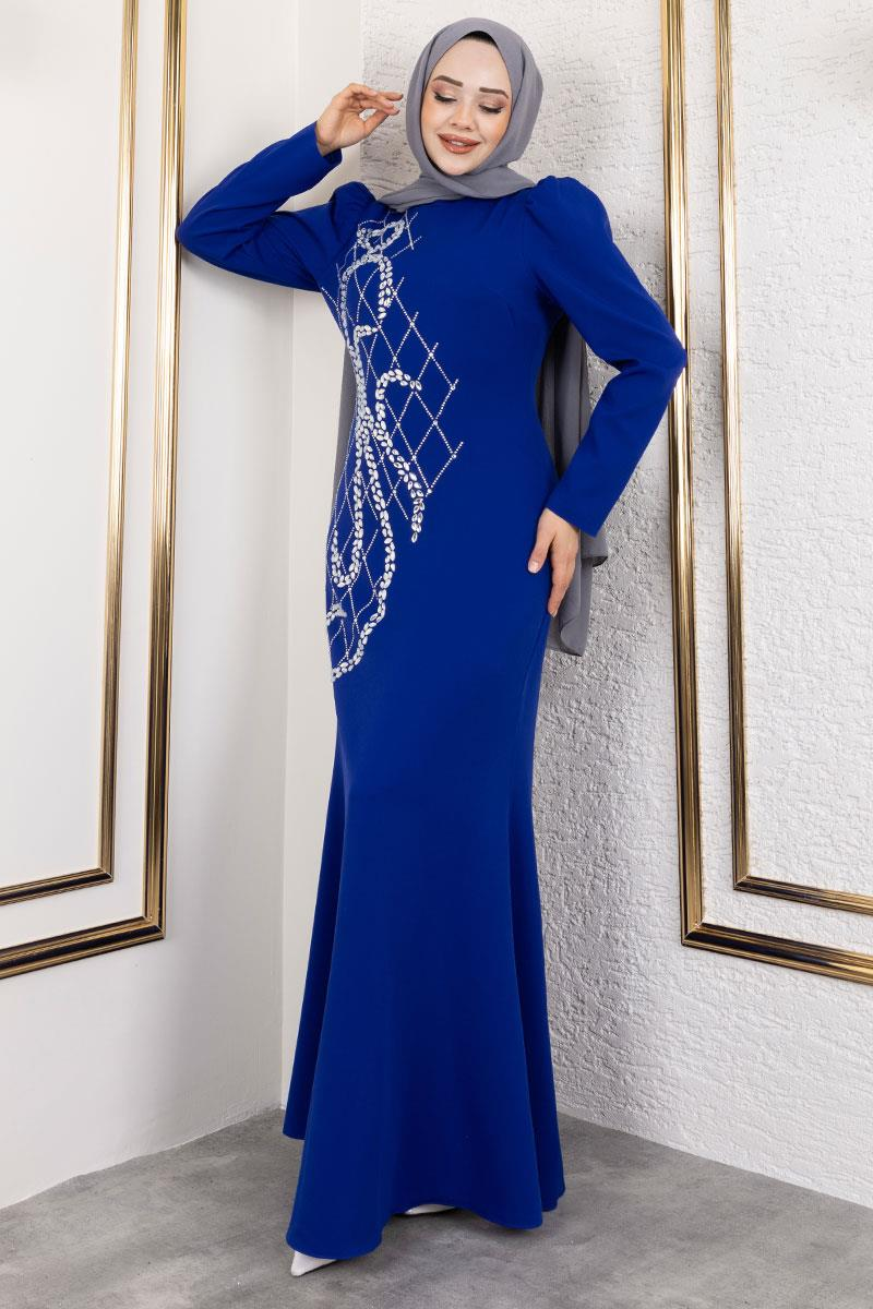 Crepe Evening Dress With Stone Embroidery On The Front