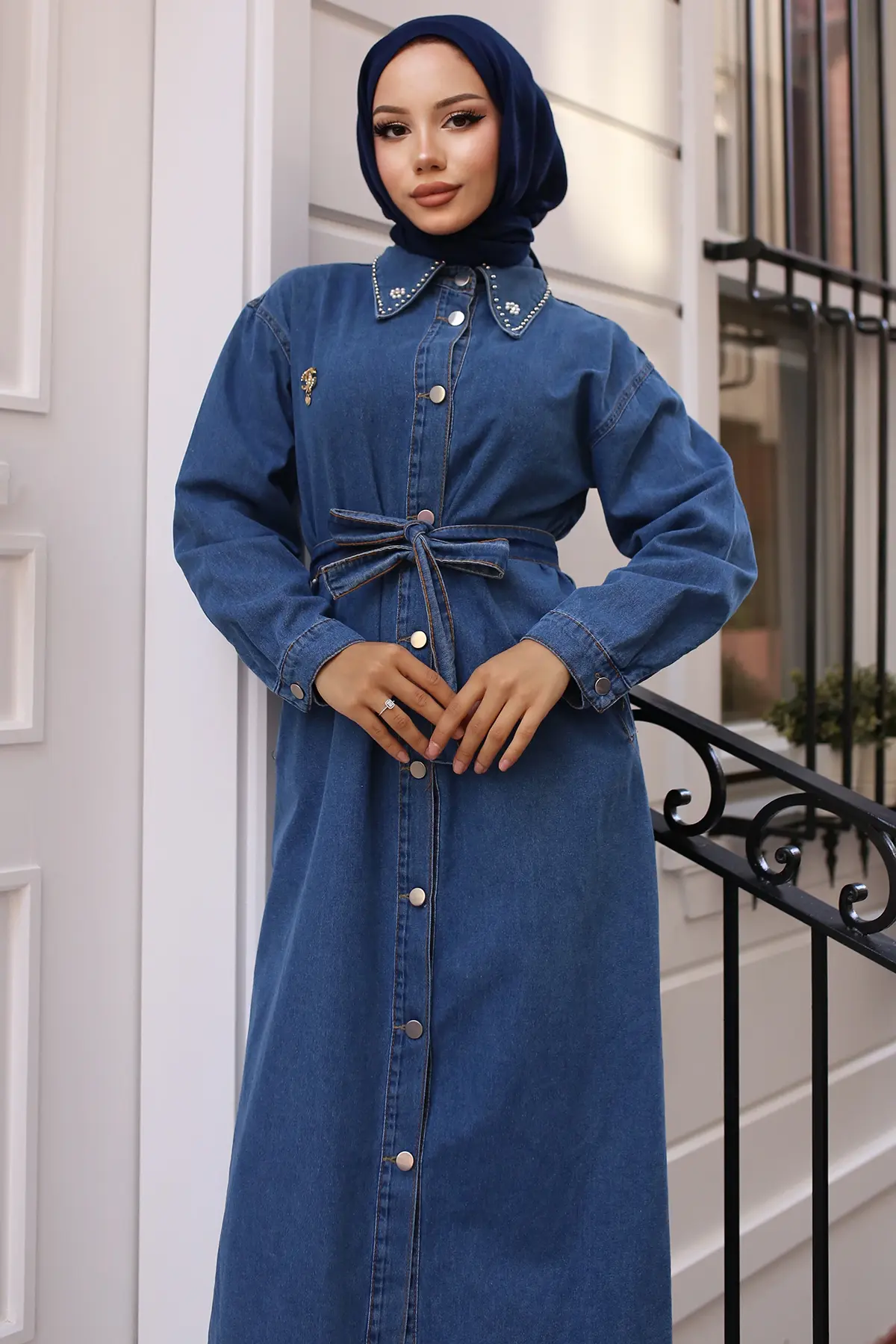 Denim Cape With Stone Detail Brooch On Collar-detail
