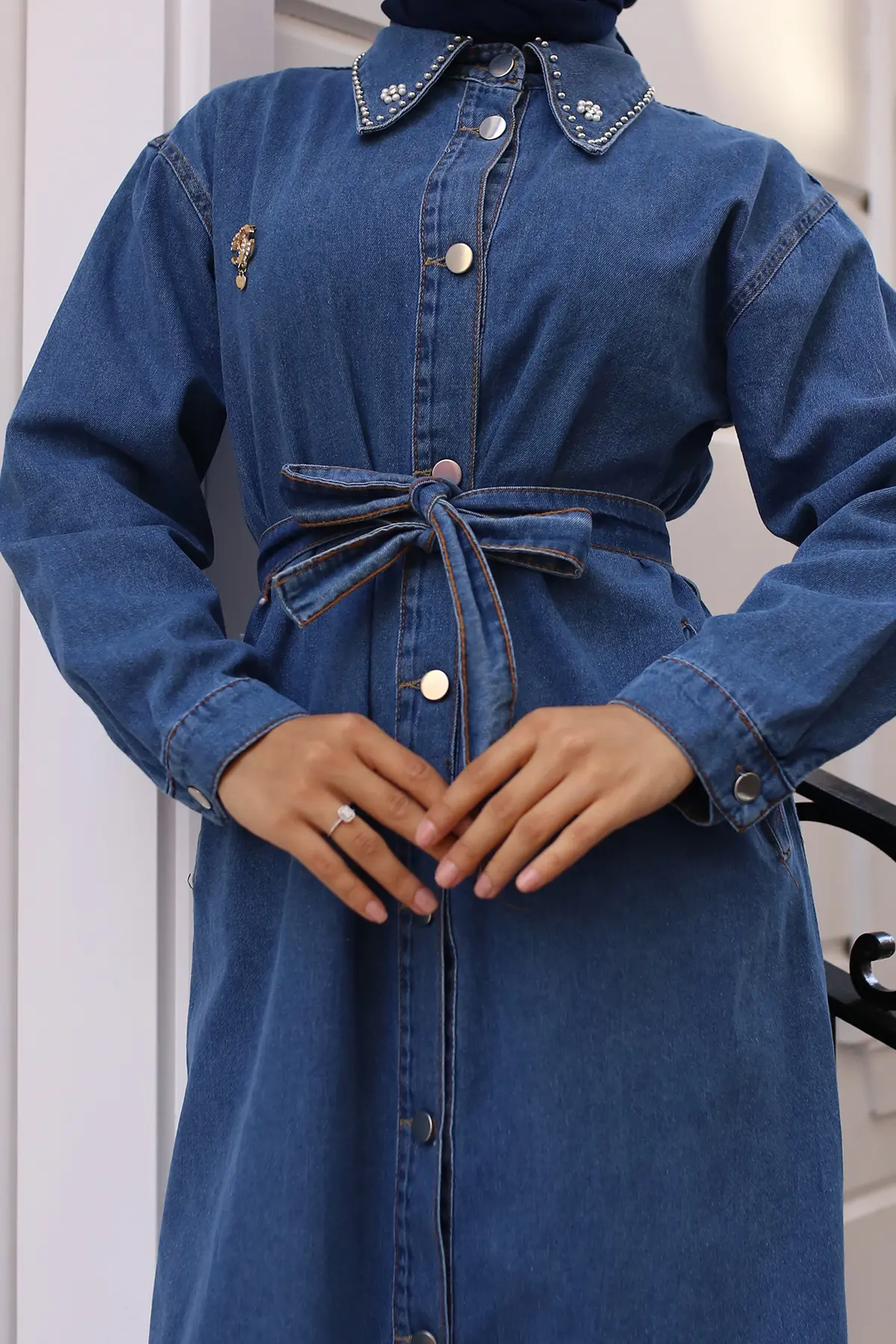 Denim Cape With Stone Detail Brooch On Collar-detail