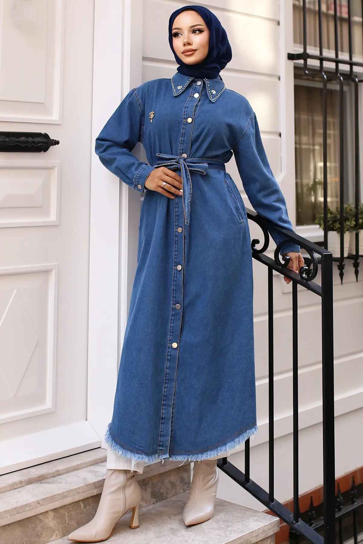Denim Cape With Stone Detail Brooch On Collar-detail