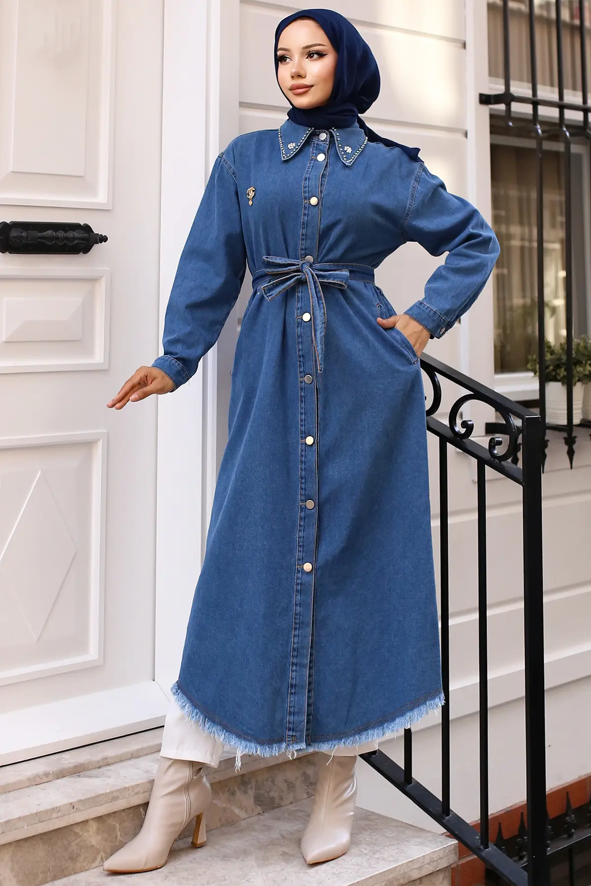 Denim Cape With Stone Detail Brooch On Collar-detail