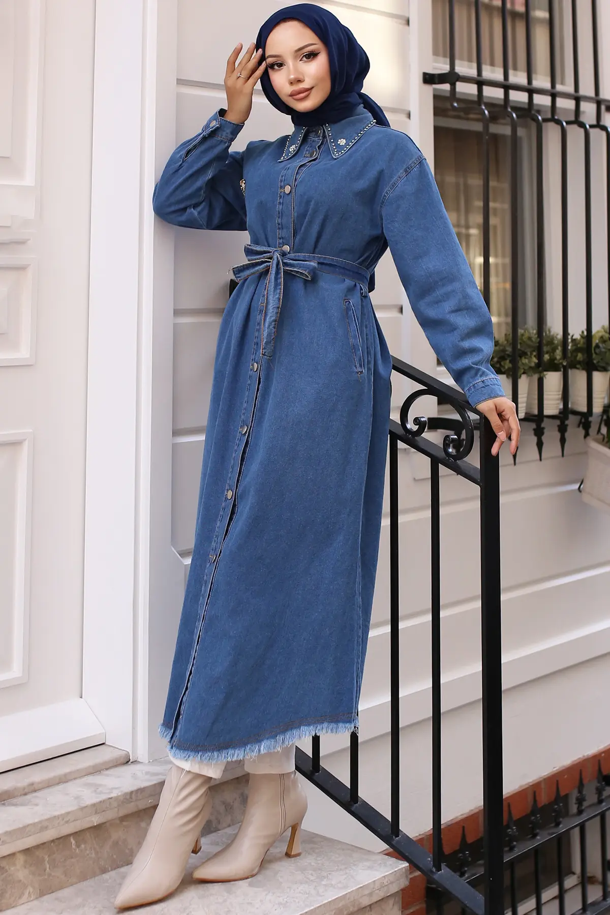 Denim Cape With Stone Detail Brooch On Collar-detail